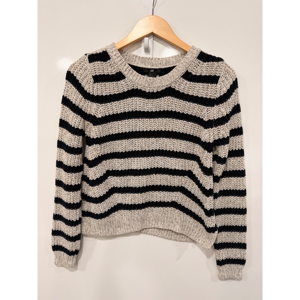 HM Striped Knit Sweater Womens Small Cream Black Cotton Blend Crew Neck 0224800